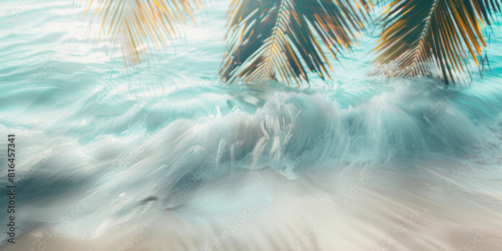 A simple beach scene features palm trees, sand, and the sea, creating a blurred imagery bokeh panorama with fluid and flowing lines in turquoise and white. A simple beach scene features palm trees, sand, and the sea, creating a blurred imagery bokeh panorama with fluid and flowing lines in turquoise and white.