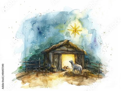 Watercolor nativity scene humble stable and shining star