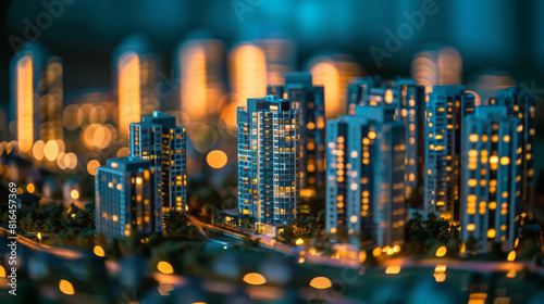 A model city showcases illuminated buildings, detailed miniatures set against a dark blue backdrop.