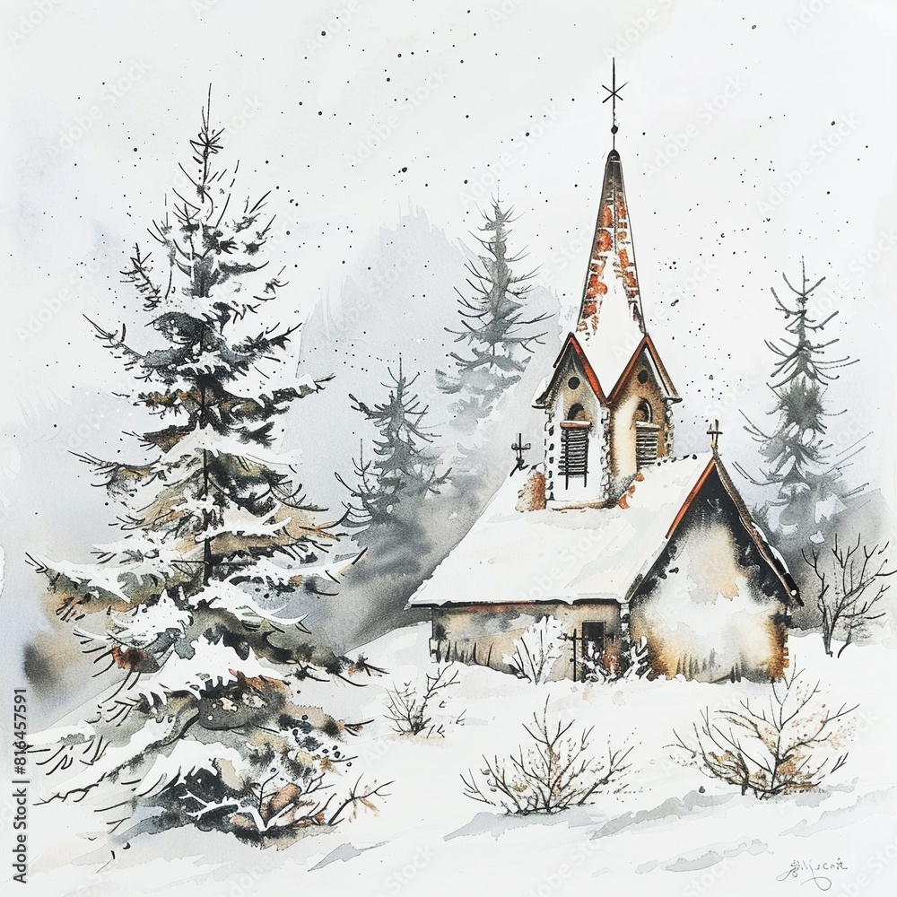 Winter snow scene with a small Christian chapel snow-covered trees in watercolor