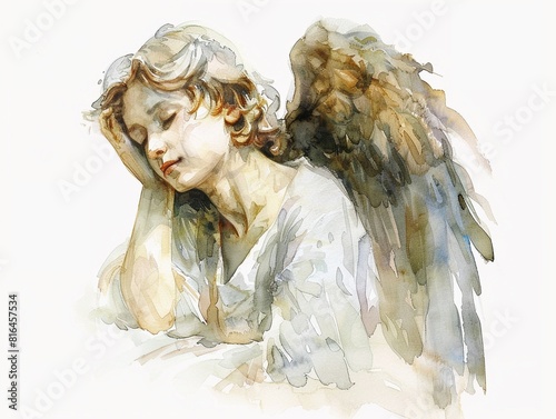 Watercolor painting of a Christian angel statuette delicate features and peaceful expression