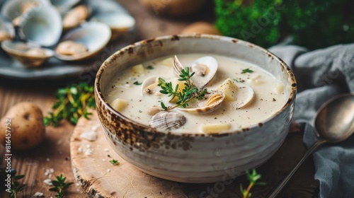 mushroom cream soup in a visually enticing photograph, showcasing the creamy texture and rich flavor of the soup in a bowl from a top-down perspective. Generative AI