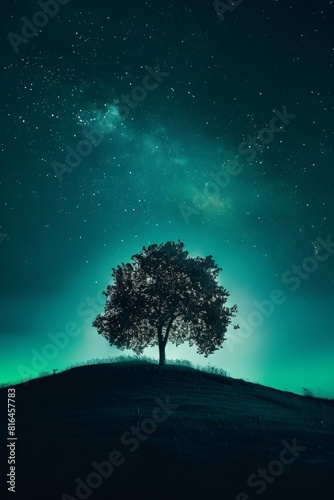 Tree on the Hill with Aurora Borealis