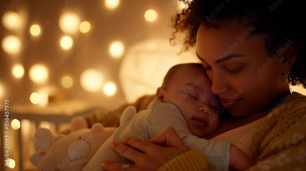 A Mother Gently Rocking Her Baby to Sleep in a Softly Lit Room, Surrounded by Warm, Glowing Lights, Capturing a Tender Moment of Love and Comfort in a Peaceful Nighttime Setting A Mother Gently Rocking Her Baby to Sleep in a Softly Lit Room, Surrounded by Warm, Glowing Lights, Capturing a Tender Moment of Love and Comfort in a Peaceful Nighttime Setting