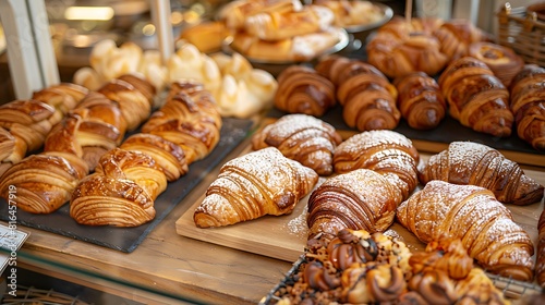 Various freshly baked pastries and croissants are displayed in a bakery store