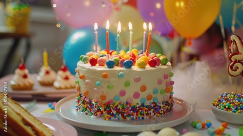Birthday cake with colorful candles and decorations on a festive table, Festive Birthday Cake with Candles,