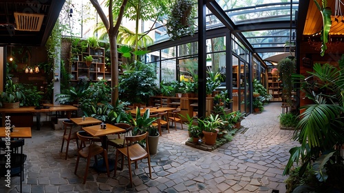 Wide angle shot of a restaurant with glass wall and many potted plants around modern cobblestone and wooden flooring daylight coming in coffee plant in the back of a coffee shop © Alexander