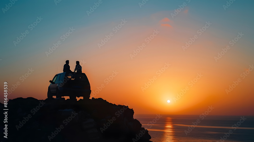 Silhouette of a happy couple sitting on the roof of a car on a cliff in front of the sea with a beautiful orangeblue sky at sunset view from a drone Concept of vacations and travel rom : Generative AI