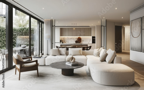 Modern living room with sofa set  round table and armchairs. Created with Ai