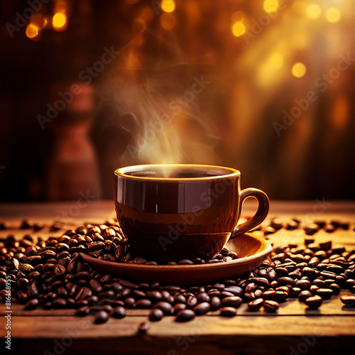 Wooden background image with scattered coffee beans and a full coffee cup. Reminiscent of the warmth and aroma of freshly brewed coffee.
