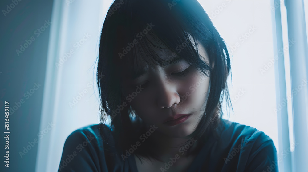 © Generative AI - Silhouette photo of young Asian woman feeling upset sad unhappy or disappoint crying lonely in her room Young people mental health care problem lifestyle concept : Generative AI