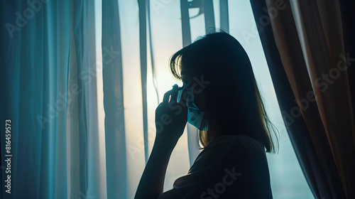 silhouette of a woman wearing mask in her quarantine during corona pandemic making a phone call from behind the window curtain : Generative AI