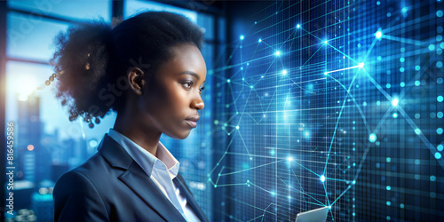 AI cyber security threat illustration  black african american female IT specialist analysing data information technology  augmented reality artificial intelligence collage  side profile  copy space