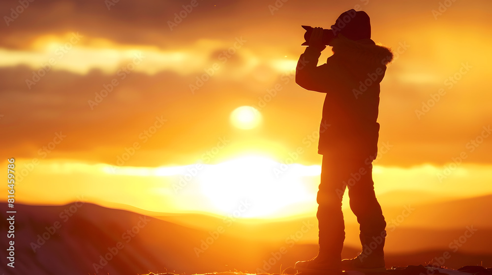 Silhouette of young photographer at sunset sunrise in Iceland : Generative AI