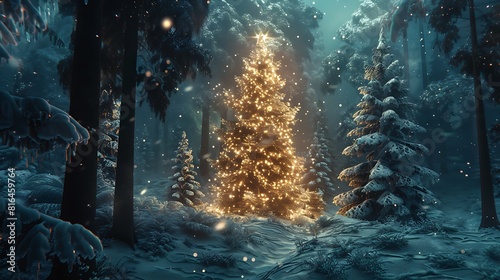 An enchanting forest scene with a majestic Xmas tree standing tall amidst a winter wonderland