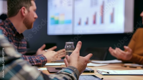 Business team members seated around a conference table, their hands gesturing animatedly as they discuss financial reports displayed on a large screen