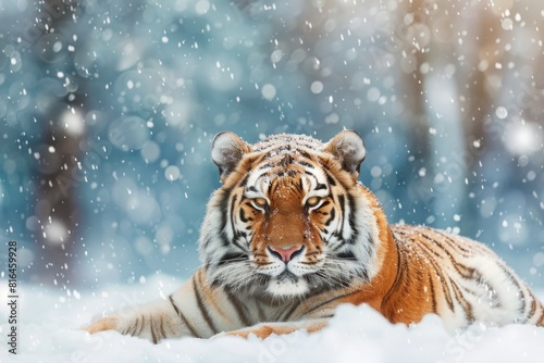 Siberian tiger in the snow  winter forest background with falling snowflakes