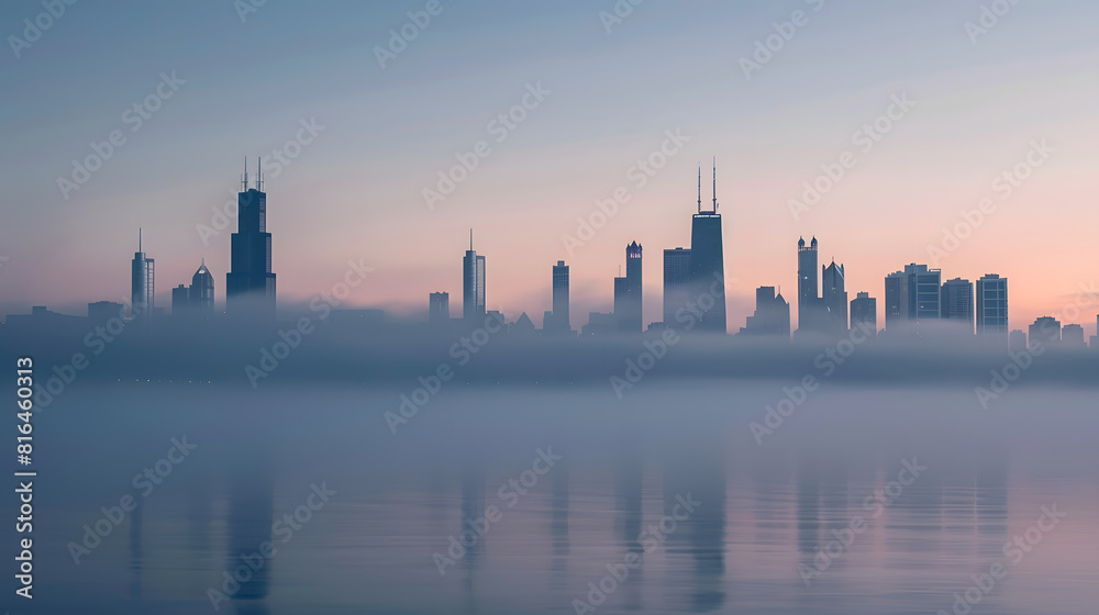 Chicago skyline silhouette in the fog : Generative AI