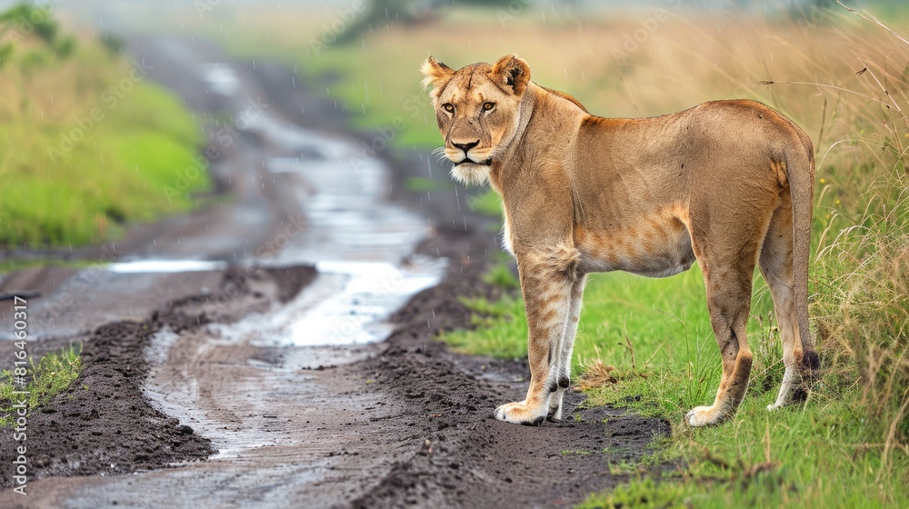A lioness standing beside a muddy road in Masai Mara A lioness standing beside a muddy road in Masai Mara