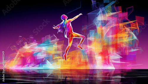 A woman leaps over a chasm. She is surrounded by colorful abstract shapes. She is wearing a colorful bodysuit. Her hair is flowing behind her. The background is a dark blue. © Nuikubs