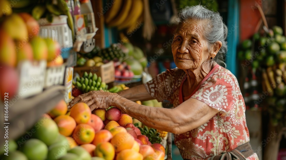 Senior seller woman at her fruits store Senior seller woman at her fruits store