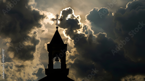 Cross and belfry silhouette in front of cloudy sky in Catholic church in Shrine of our Lady Trsat : Generative AI photo
