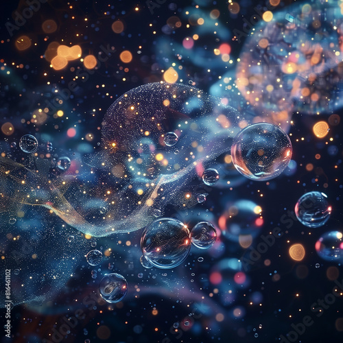 3D exploding cloud of bubble 3D with shimmering glitter , abstract background with explosione, 3D magic in space 