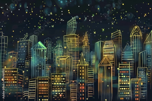 Cartoon cute doodles of a photorealistic city skyline at night, with glowing skyscrapers and twinkling stars, Generative AI