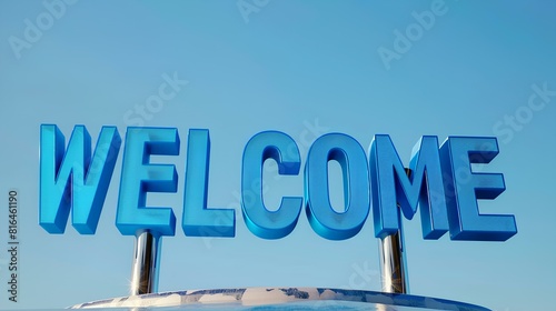 The letters of "WELCOME" stand tall on individual blue squares, each square neatly arranged to form a striking banner against a clear blue sky backdrop.