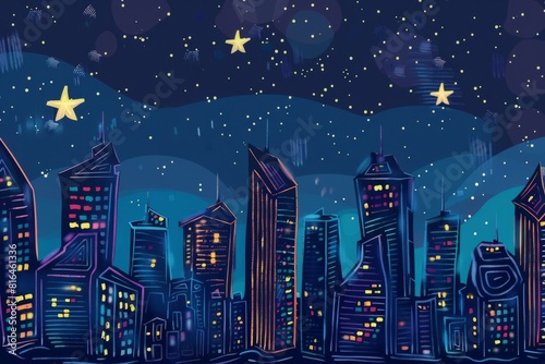 Cartoon cute doodles of a photorealistic city skyline at night, with glowing skyscrapers and twinkling stars, Generative AI