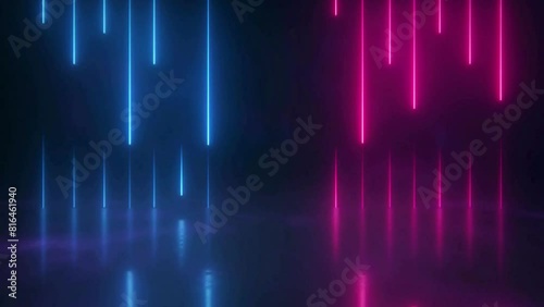 3D animation abstract black background with pink blue neon lines go down and disappear photo