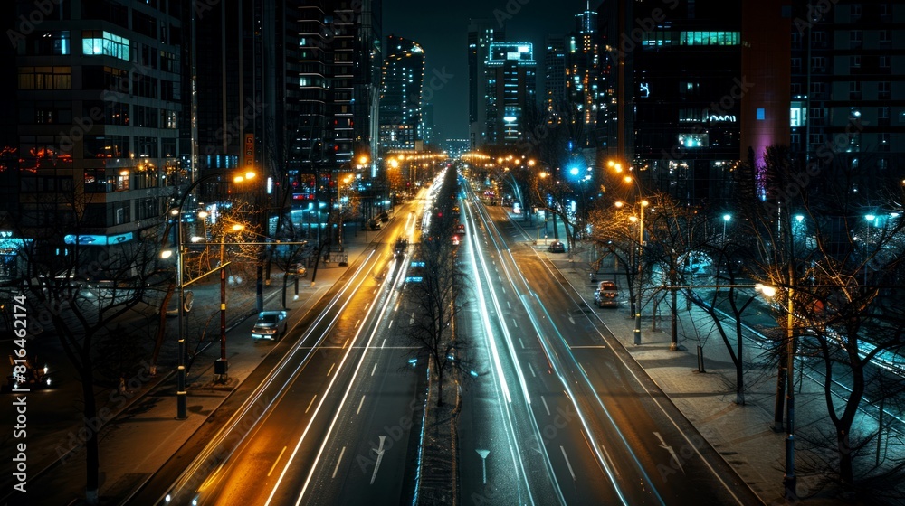 A city street at night with cars and lights