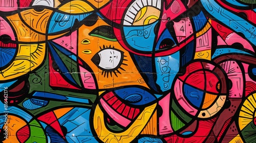 Colorful pop art graffiti painted brick wall. Shapes and geometric urban street texture background. City tag drawing.