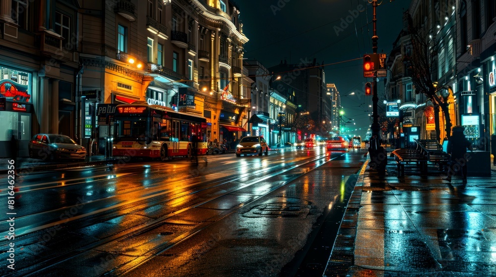 A city street at night with a bus and cars driving down it