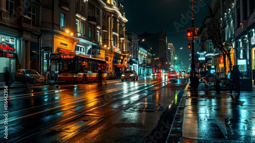 A city street at night with a bus and cars driving down it