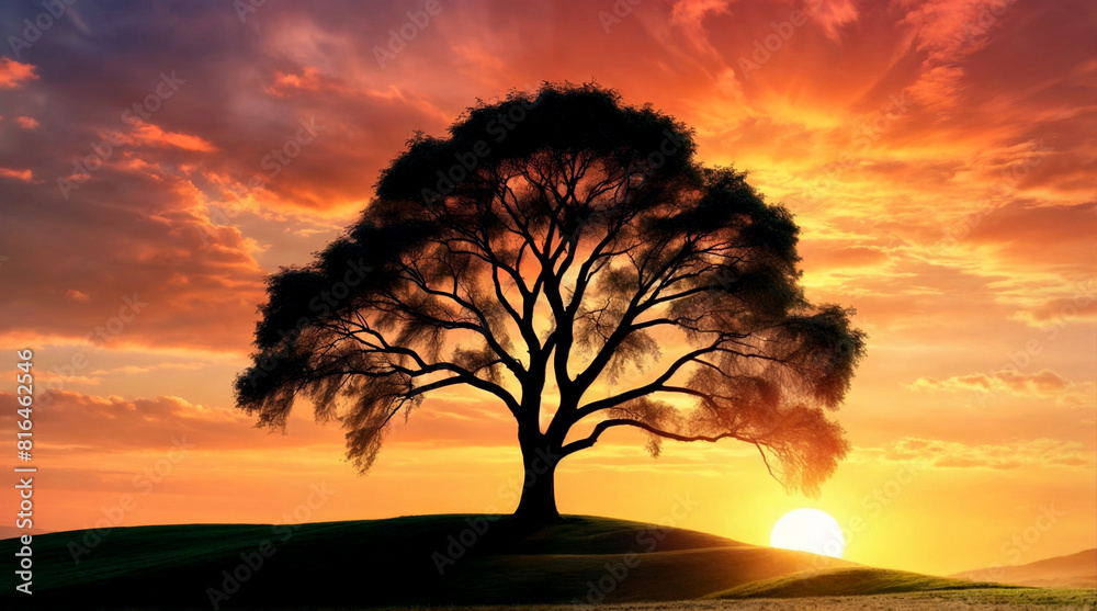 A majestic tree stands tall, its branches reaching towards the vibrant hues of a sunset sky.