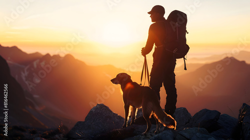 Silhouette of a mountaineer man with his dog in a gesture of complicity and unity while hiking in the mountains at sunset Traveling with a pet Sport and adventure   Generative AI