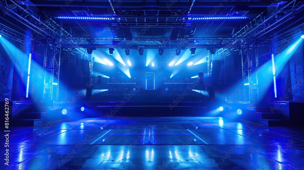Empty disco stage under spotlight ready for a night of entertainment and partying in a club with glowing blue lights