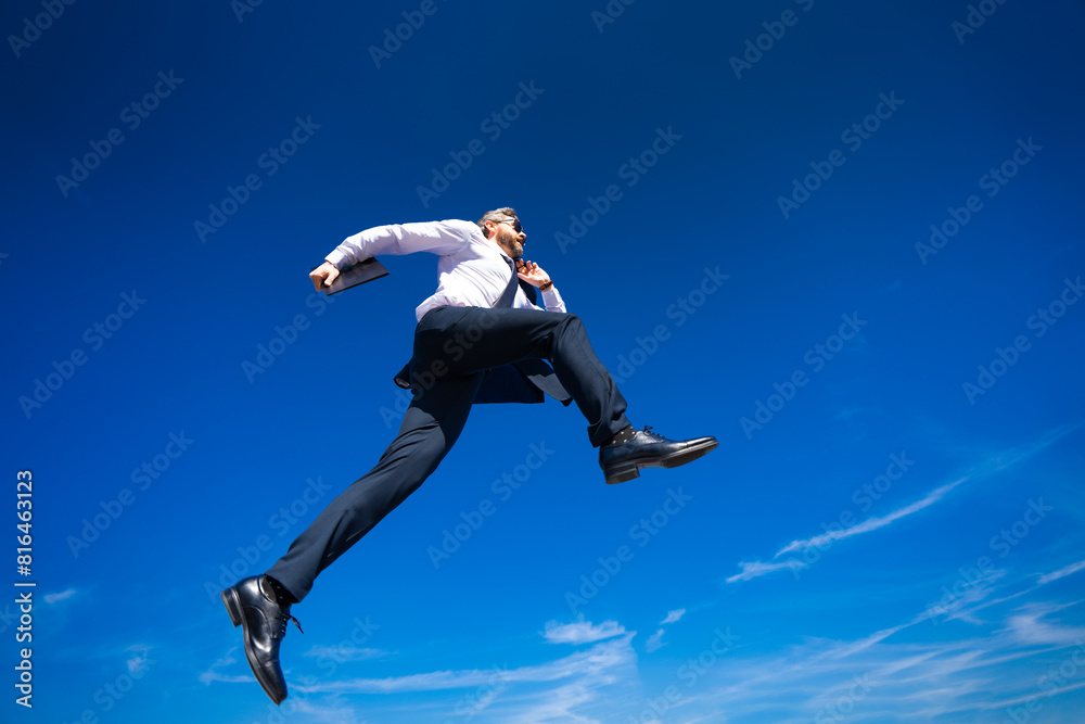 Businessman go jump and run. Next Steps. Business Ambitions concept. Goal business success strategy. Creative growth development. Growth business success process. Businessman running outdoor.