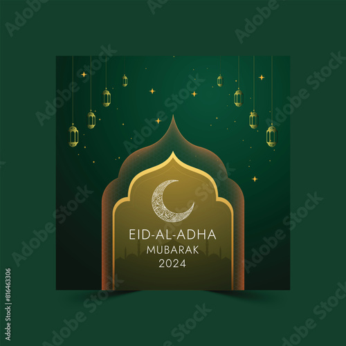 Eid al Adha Mubarak Islamic festival social media banner design , Islamic background with beautiful mosque, stars, moon Creative ads for social media , banner, poster, greeting card, generative ai