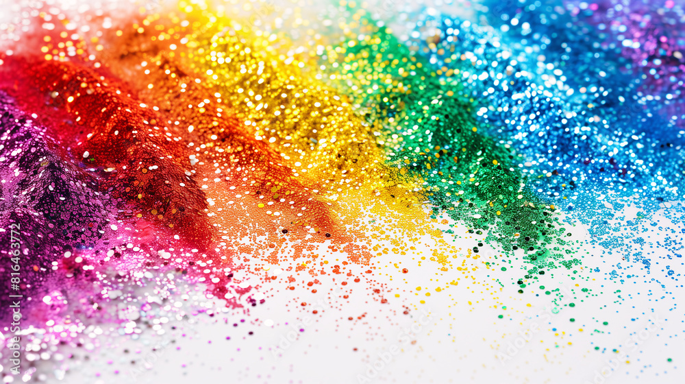 Close-up of vivid rainbow glitters on a white background with copy space for text. Background design for the Pride month festival or a creativity idea. Close-up of vivid rainbow glitters on a white background with copy space for text. Background design for the Pride month festival or a creativity idea.