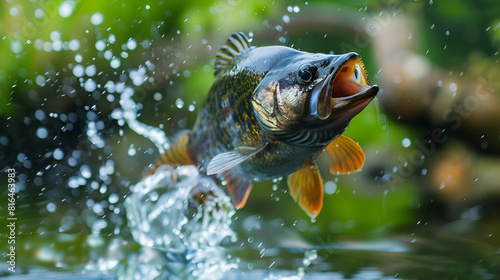 A fish jumping out of the water with the mouth open , Generative AI © ourhome