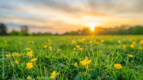 Blurred background of a beautiful meadow with green grass and yellow flowers at sunset. A beautiful nature landscape with space for copy #816464317