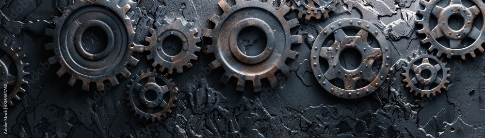 Mechanical gears seamlessly integrated into a textured dark wall, symbolizing industry and machinery Mechanical gears seamlessly integrated into a textured dark wall, symbolizing industry and machinery