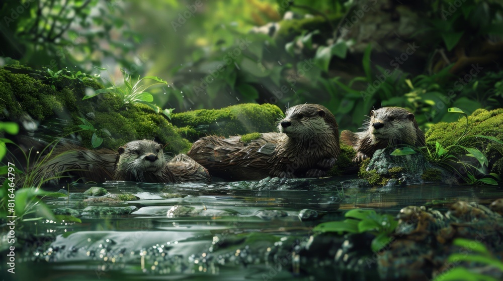 A family of otters frolicking in a shallow, bubbling stream, surrounded by dense green foliage and moss-covered stones. The scene captures a moment of joy and playfulness. Created Using: realistic A family of otters frolicking in a shallow, bubbling stream, surrounded by dense green foliage and moss-covered stones. The scene captures a moment of joy and playfulness. Created Using: realistic