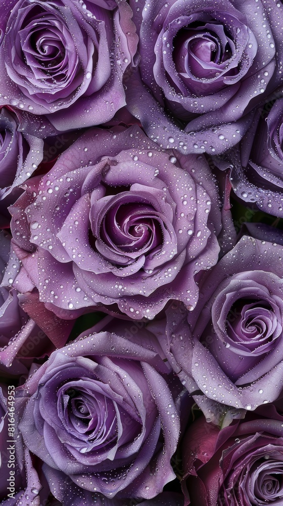 Close-up of lush purple roses with delicate water droplets Close-up of lush purple roses with delicate water droplets
