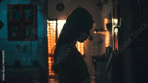 Indian silhouette sad upset depressed lone young woman walking alone crying at dark indoor house unhappy tense lonely female suffers deep overthinking grief feeling panic insulted conf : Generative AI