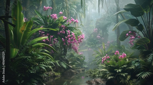 Neotropical rainforest habitat where Epidendrum radicans orchid thrives photo