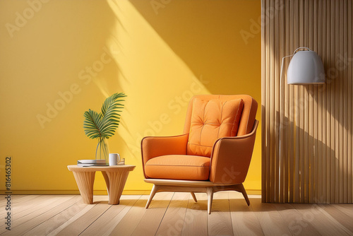 Modern wooden living room with an orange armchair on empty yellow wall background,Minimal room, Ai Generate