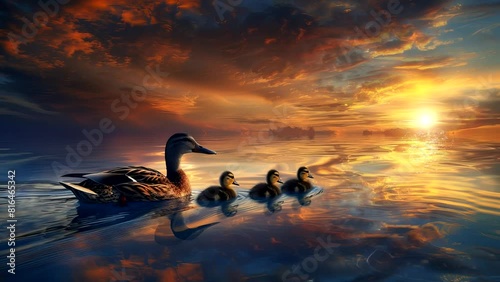 unset Voyage: A Mother Duck's Magical Journey with Her Curious Ducklings. Seamless looping time-lapse virtual 4k video animation background photo